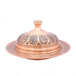 Copperdone El İşlemeli Kapaklı Bakır Tabak Sahan Büyük Boy Antik Bakır Renk - 1
