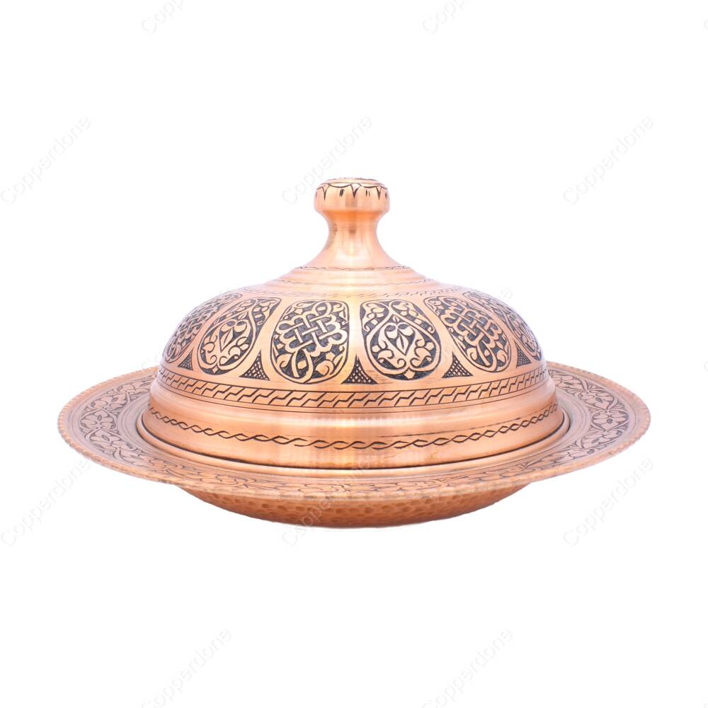 Copperdone El İşlemeli Kapaklı Bakır Tabak Sahan Büyük Boy Antik Bakır Renk - 2