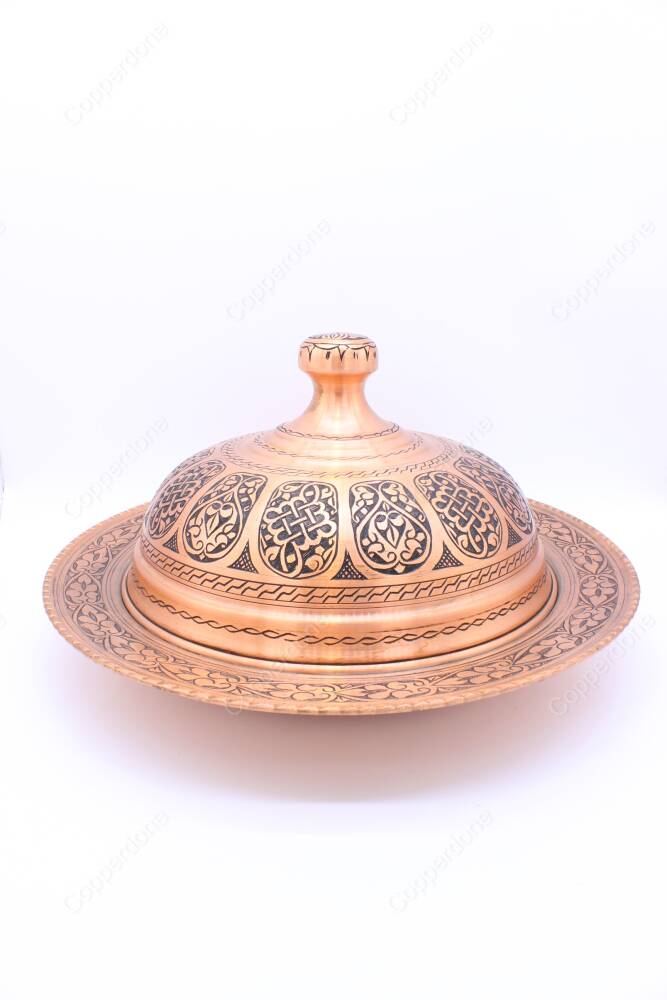 Copperdone El İşlemeli Kapaklı Bakır Tabak Sahan Büyük Boy Antik Bakır Renk - 3