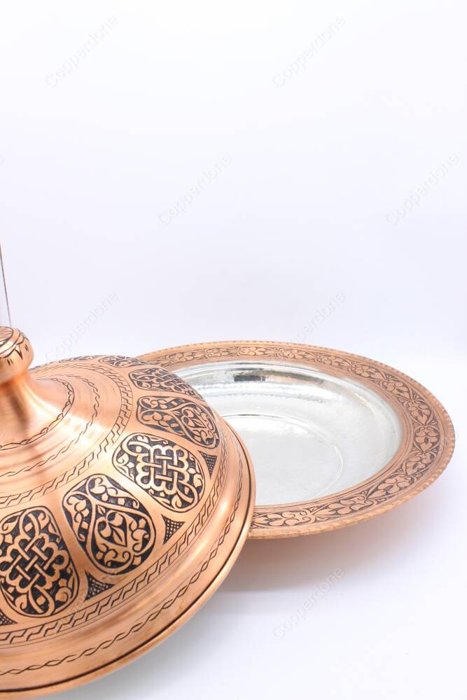 Copperdone El İşlemeli Kapaklı Bakır Tabak Sahan Büyük Boy Antik Bakır Renk - 4