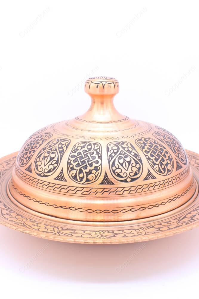 Copperdone El İşlemeli Kapaklı Bakır Tabak Sahan Büyük Boy Antik Bakır Renk - 5