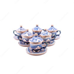 Copperdone Erzincan El İşlemesi 6 Kişilik Bakır Fincan Seti Mavi Renk - COPPERDONE