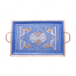 Copperdone Erzincan El İşlemesi Dikdörtgen Bakır Çay Kahve Tepsisi Mavi Renk 39x26cm - COPPERDONE