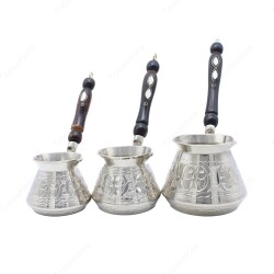 Copperdone Gaziantep Style Handmade Hand Engraved Copper Coffee Pot Cezve Ibrik Briki Turkish Greek Arabic Coffee Maker Set Shiny Silver Color - COPPERDONE