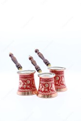 Copperdone Handmade Hand Embroidered Authentic Copper Coffee Pot Cezve Ibrik Briki Turkish Greek Arabic Coffee Maker with Red Color Set - 3